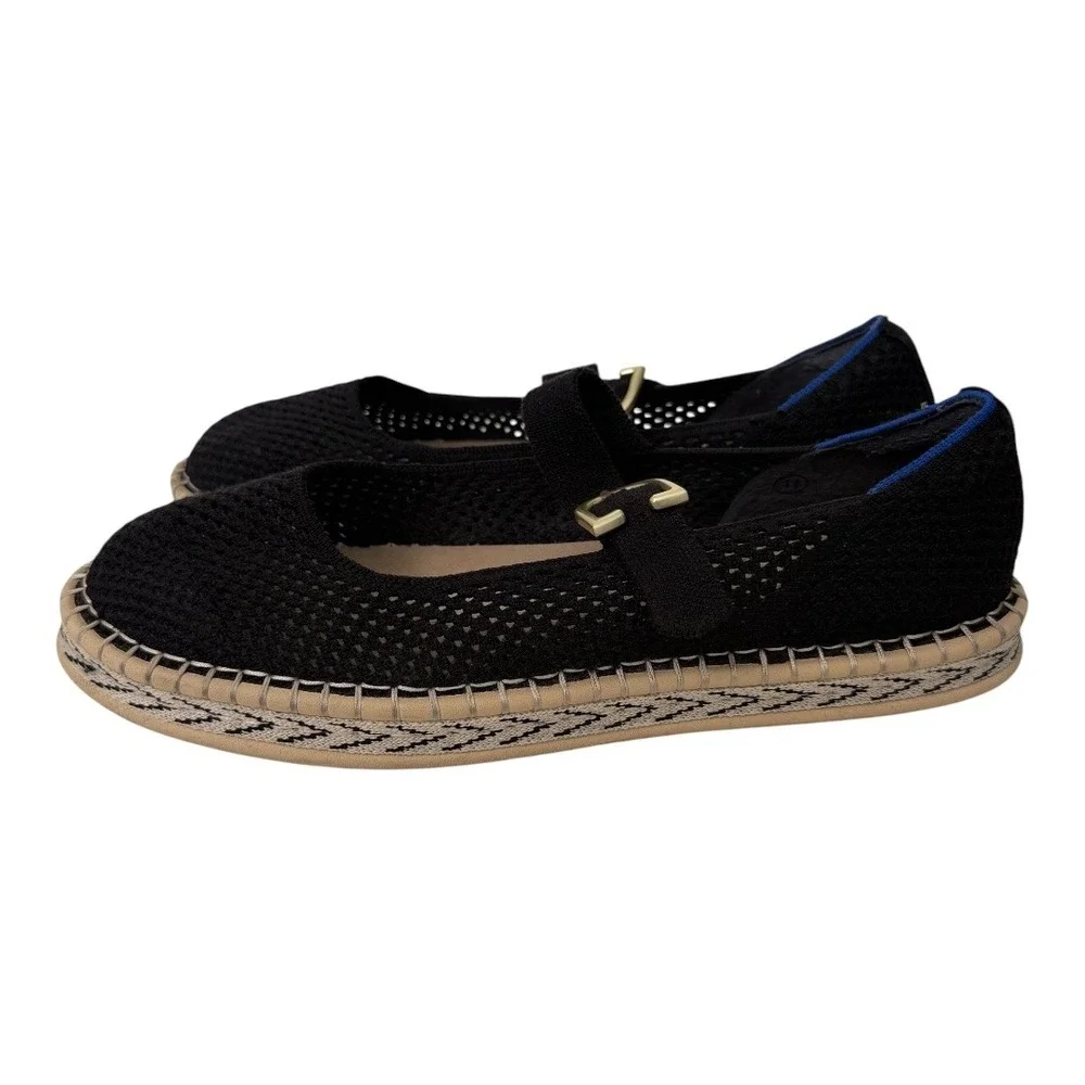 Rothy's The Mary Jane Espadrille Flats Womens 11 (runs small) Black Knit Buckle